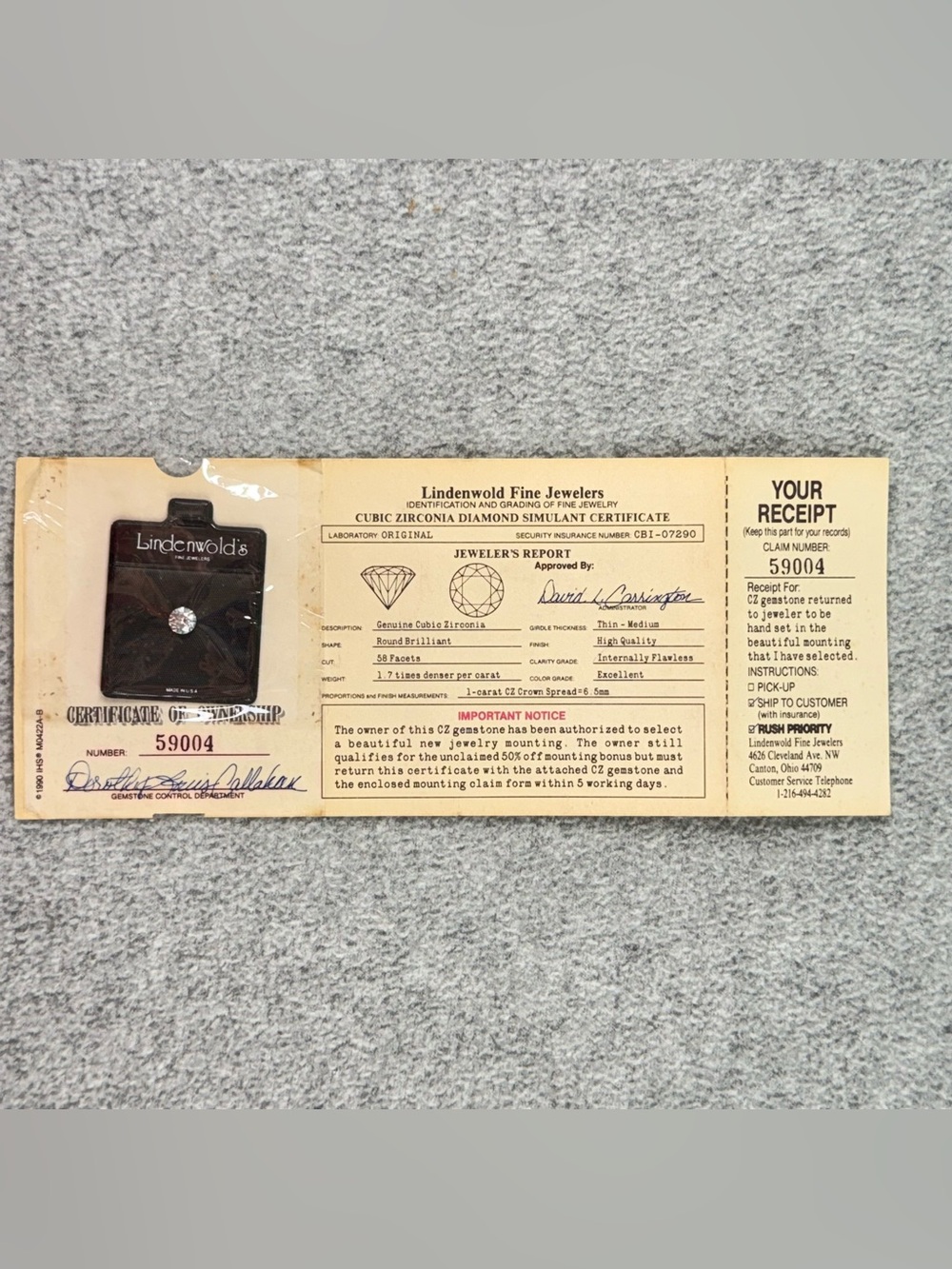 Vintage Lindenwold Cubic Zirconia 1 Carat Simulant w/ Certificate Unused